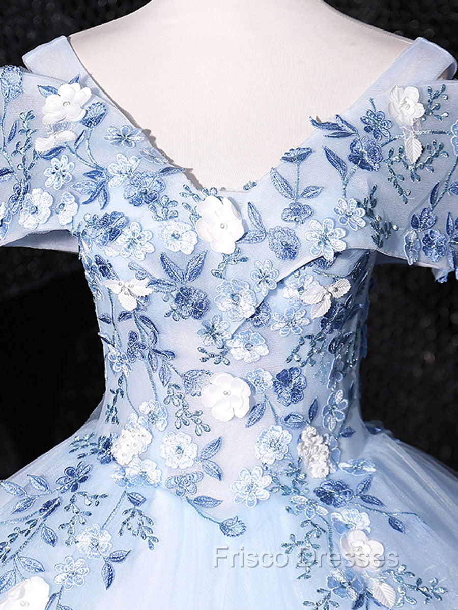 Blue V Neck Tulle Lace Long Formal Formal Prom Dress. Blue Sweet 16 Dress