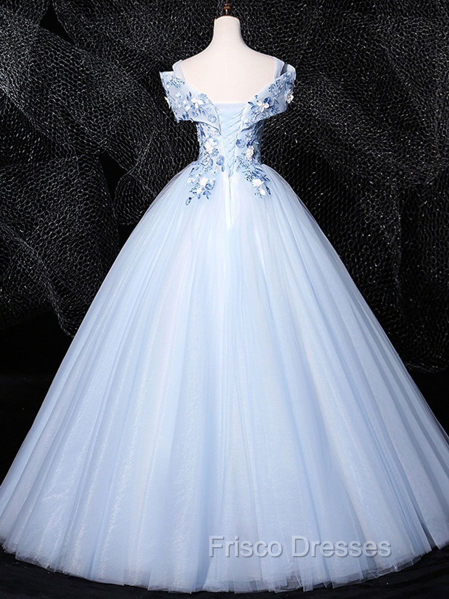 Blue V Neck Tulle Lace Long Formal Formal Prom Dress. Blue Sweet 16 Dress