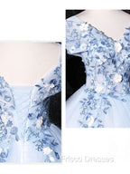 Blue V Neck Tulle Lace Long Formal Formal Prom Dress. Blue Sweet 16 Dress