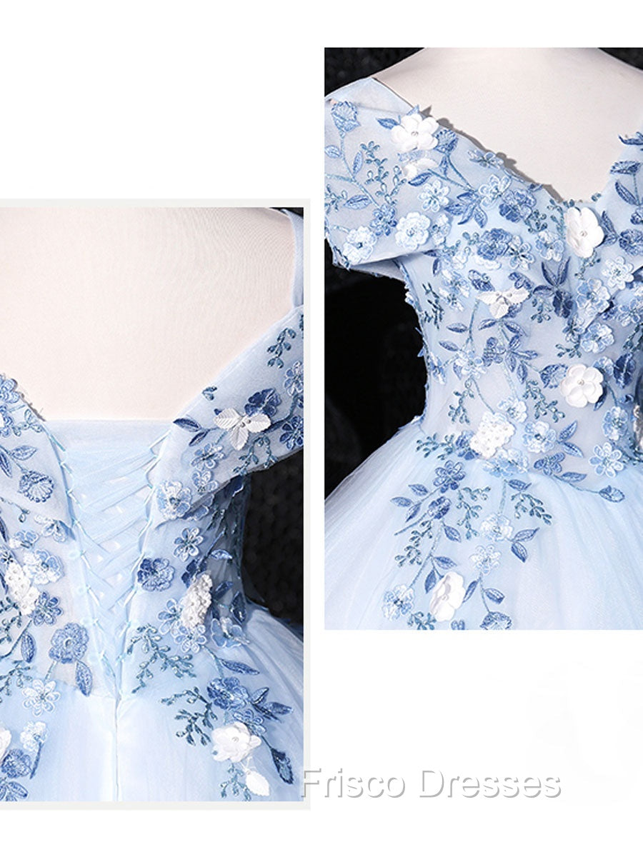 Blue V Neck Tulle Lace Long Formal Formal Prom Dress. Blue Sweet 16 Dress