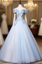 Blue V Neck Tulle Lace Long Formal Formal Prom Dress. Blue Sweet 16 Dress