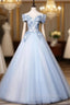 Blue V Neck Tulle Lace Long Formal Formal Prom Dress. Blue Sweet 16 Dress