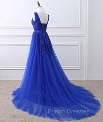 Blue V Neck Tulle Lace Long Formal Prom Dress, Blue Evening Dress