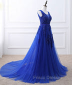 Blue V Neck Tulle Lace Long Formal Prom Dress, Blue Evening Dress