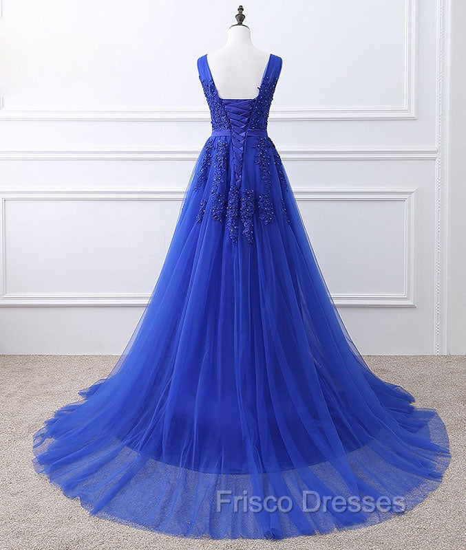 Blue V Neck Tulle Lace Long Formal Prom Dress, Blue Evening Dress