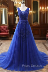 Blue V Neck Tulle Lace Long Formal Prom Dress, Blue Evening Dress