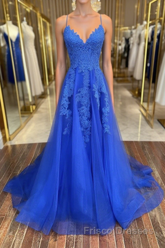 Blue v neck tulle lace long Formal Prom Dresses, blue lace bridesmaid Dresses Main image