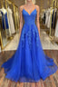 Blue v neck tulle lace long Formal Prom Dresses, blue lace bridesmaid Dresses