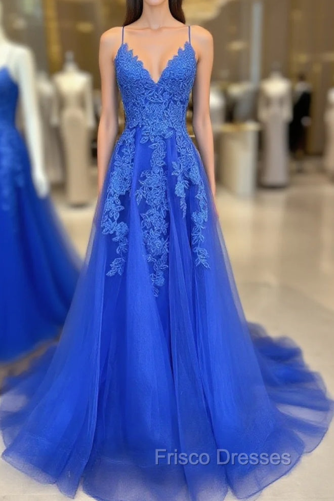 Blue V Neck Tulle Lace Long Formal Prom Dress, Blue Tulle Evening Dress