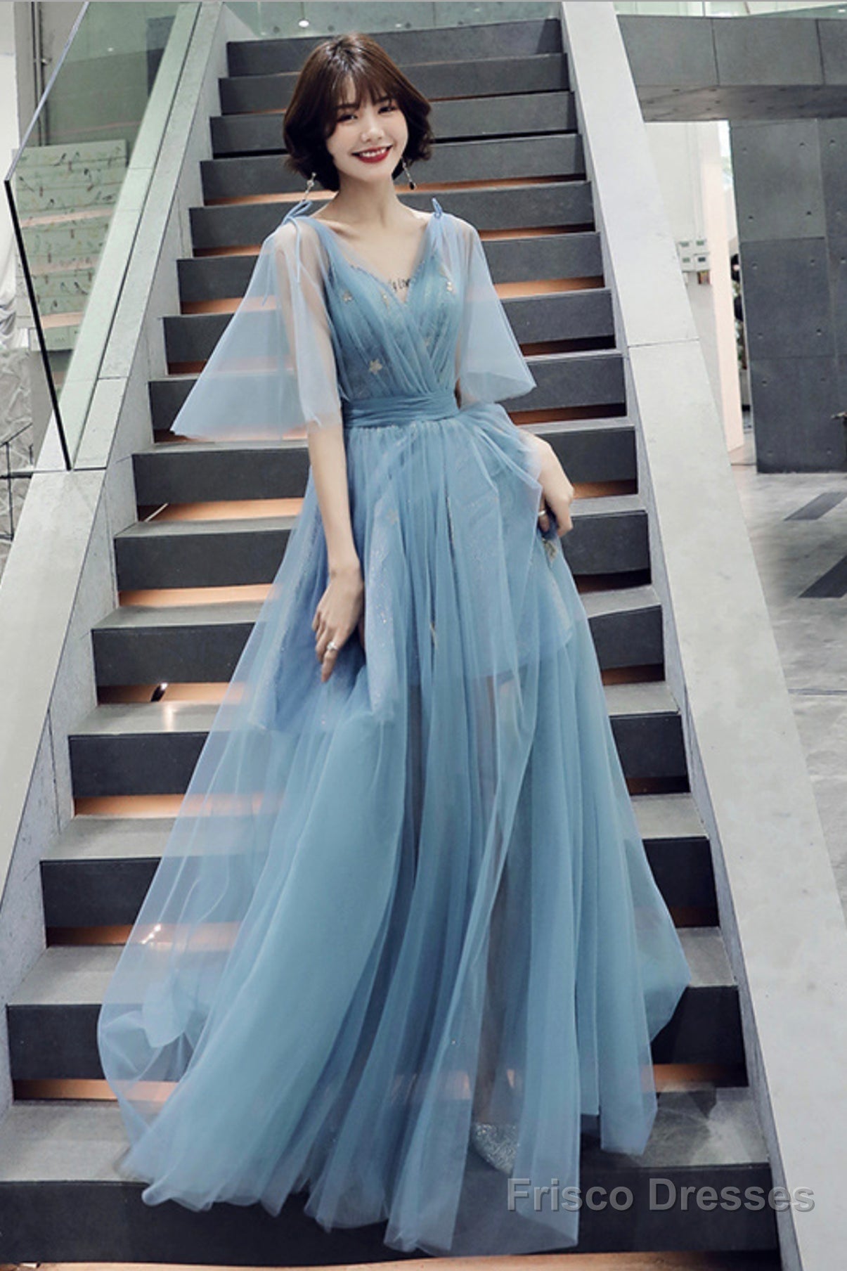 Blue V-Neck Tulle Long Prom Dreses, A-Line Evening Dresses Main image