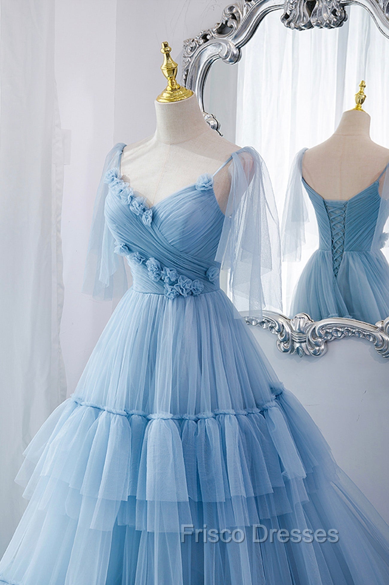 Blue V-Neck Tulle Long Formal Prom Dress, A-Line Evening Party Dress