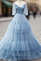 Blue V-Neck Tulle Long Formal Prom Dress, A-Line Evening Party Dress