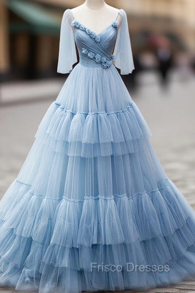 Blue V-Neck Tulle Long Formal Prom Dress, A-Line Evening Party Dress