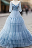 Blue V-Neck Tulle Long Formal Prom Dress, A-Line Evening Party Dress