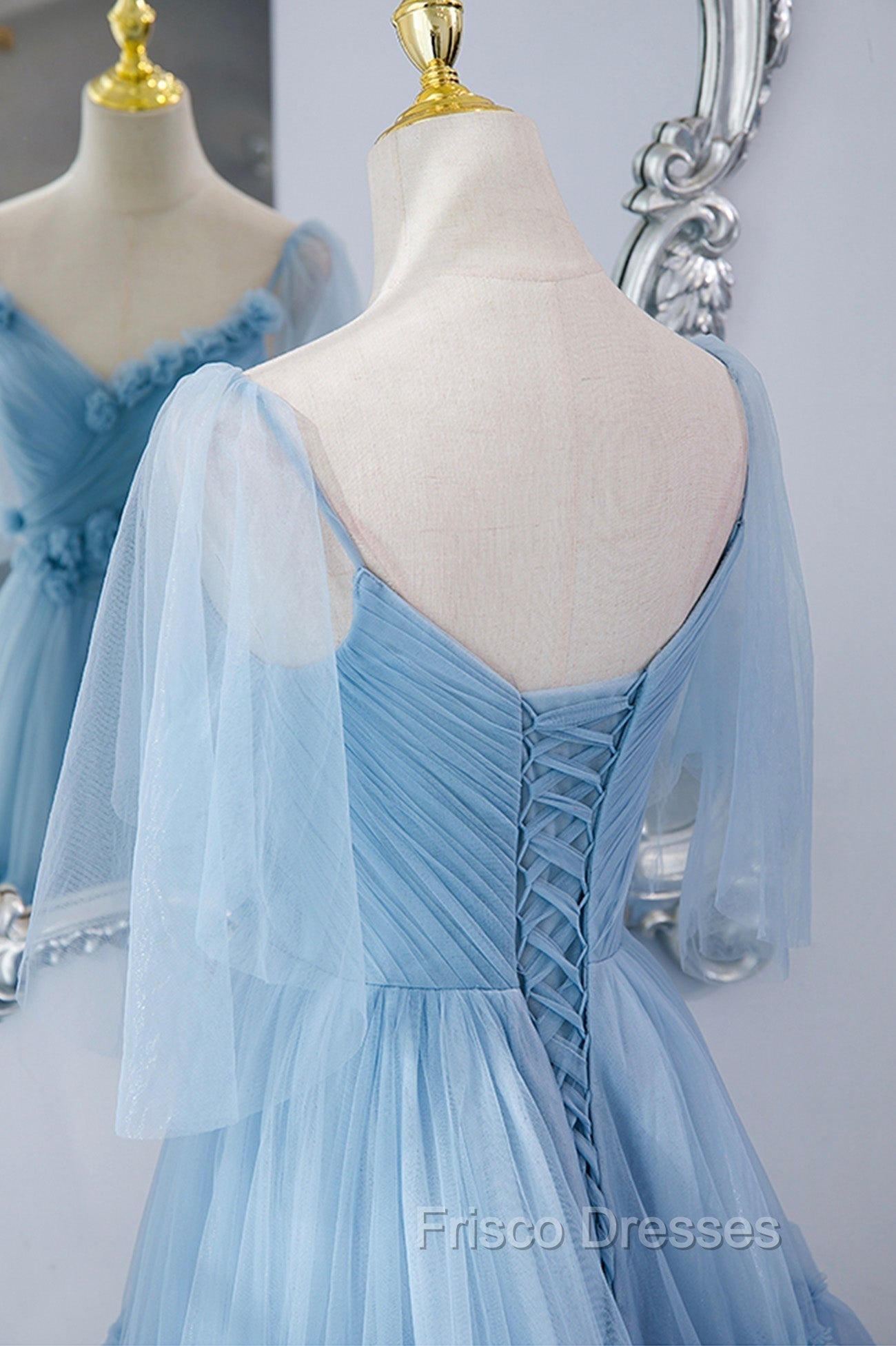 Blue V-Neck Tulle Long Formal Prom Dress, A-Line Evening Party Dress