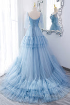 Blue V-Neck Tulle Long Formal Prom Dress, A-Line Evening Party Dress