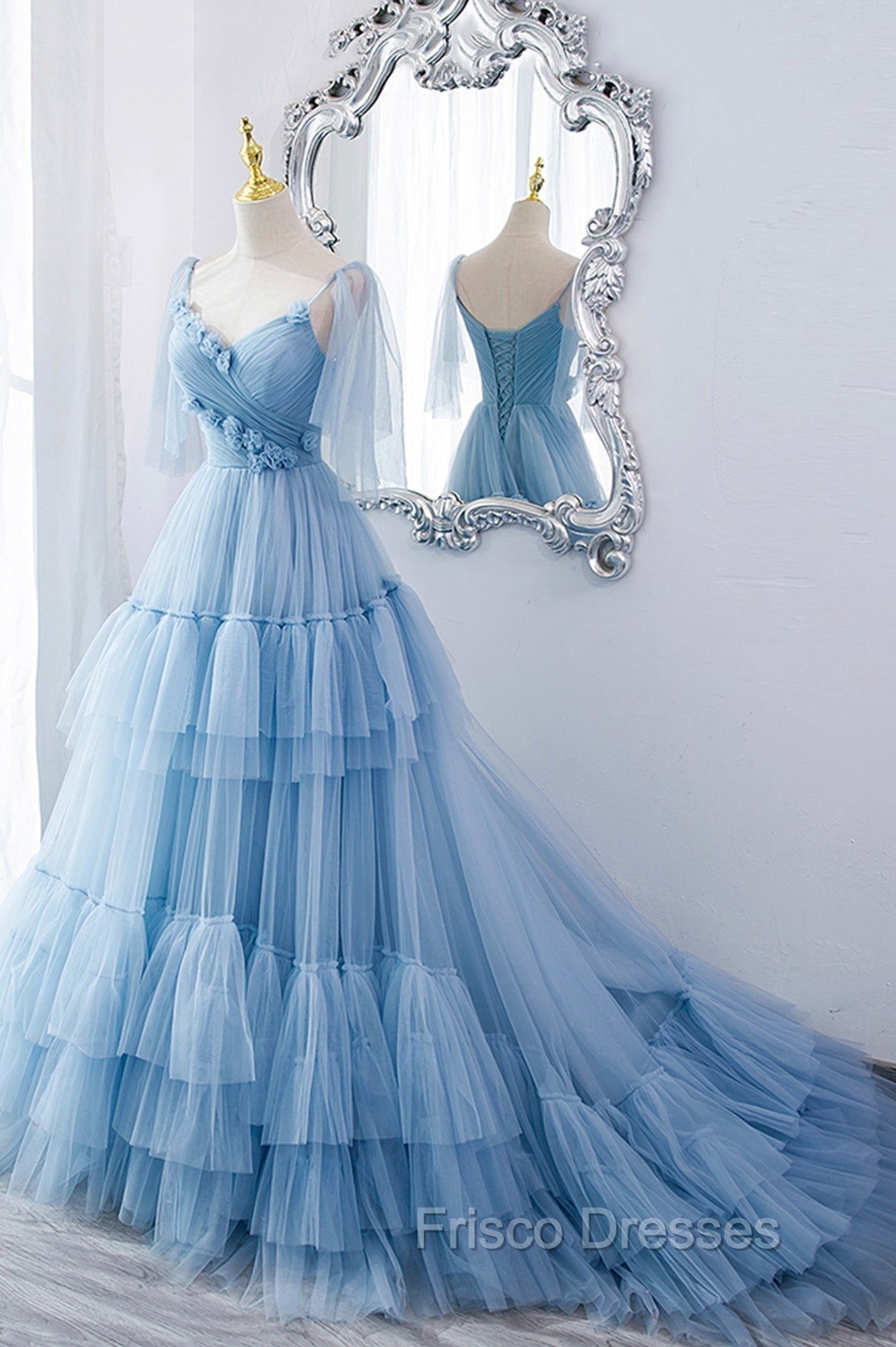 Blue V-Neck Tulle Long Formal Prom Dress, A-Line Evening Party Dress Main image