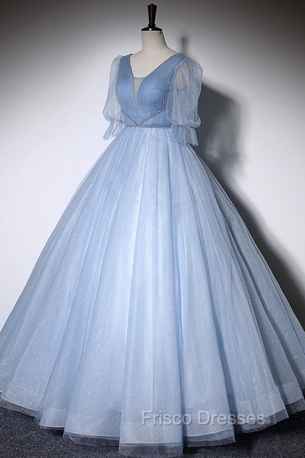Blue V-Neck Tulle Long Formal Prom Dress, A-Line Formal Evening Dress