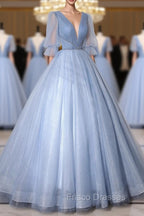 Blue V-Neck Tulle Long Formal Prom Dress, A-Line Formal Evening Dress