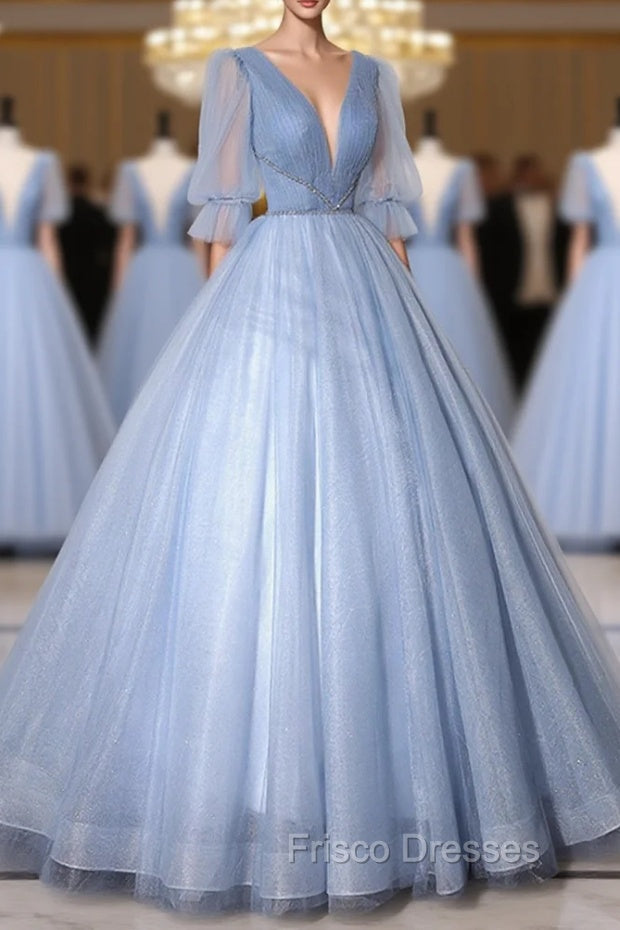 Blue V-Neck Tulle Long Formal Prom Dress, A-Line Formal Evening Dress
