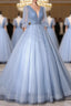Blue V-Neck Tulle Long Formal Prom Dress, A-Line Formal Evening Dress