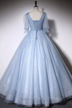 Blue V-Neck Tulle Long Formal Prom Dress, A-Line Formal Evening Dress