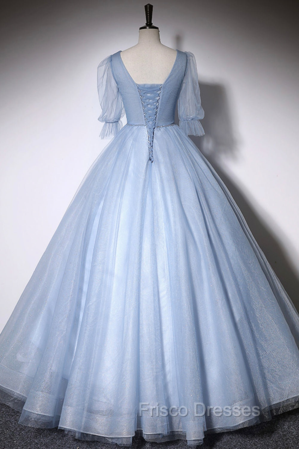 Blue V-Neck Tulle Long Formal Prom Dress, A-Line Formal Evening Dress