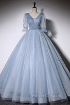 Blue V-Neck Tulle Long Formal Prom Dress, A-Line Formal Evening Dress