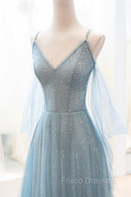 Blue V-Neck Tulle Long Formal Prom Dress, A-Line Spaghetti Strap Evening Dress