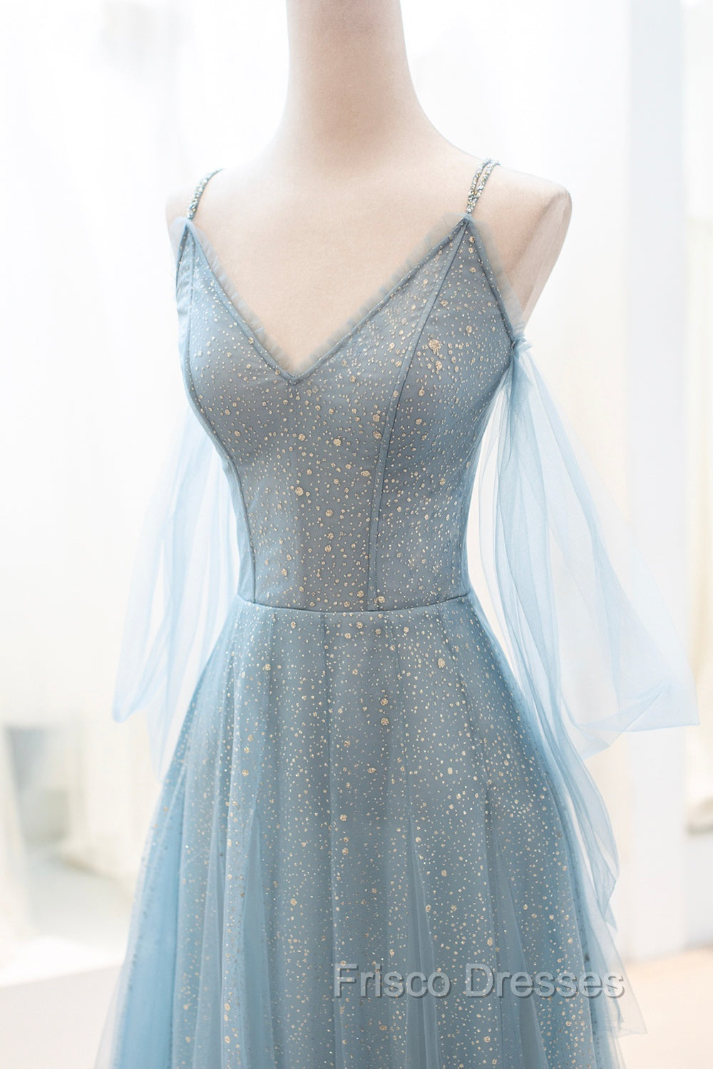 Blue V-Neck Tulle Long Formal Prom Dress, A-Line Spaghetti Strap Evening Dress