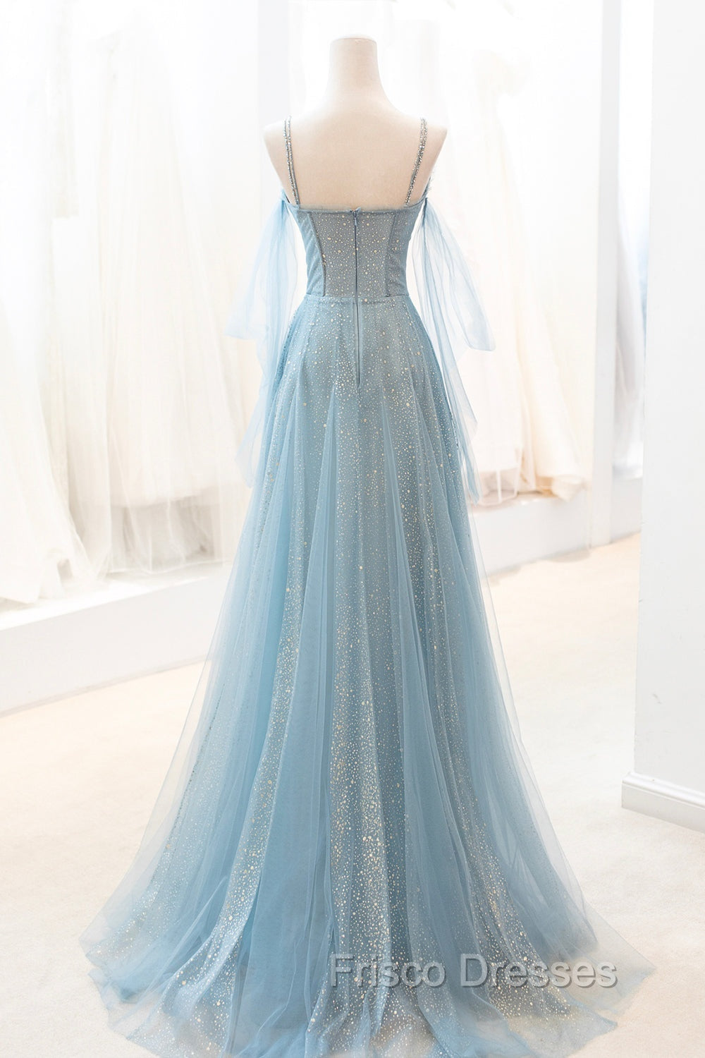 Blue V-Neck Tulle Long Formal Prom Dress, A-Line Spaghetti Strap Evening Dress Secondary image