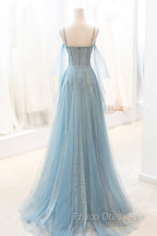 Blue V-Neck Tulle Long Formal Prom Dress, A-Line Spaghetti Strap Evening Dress