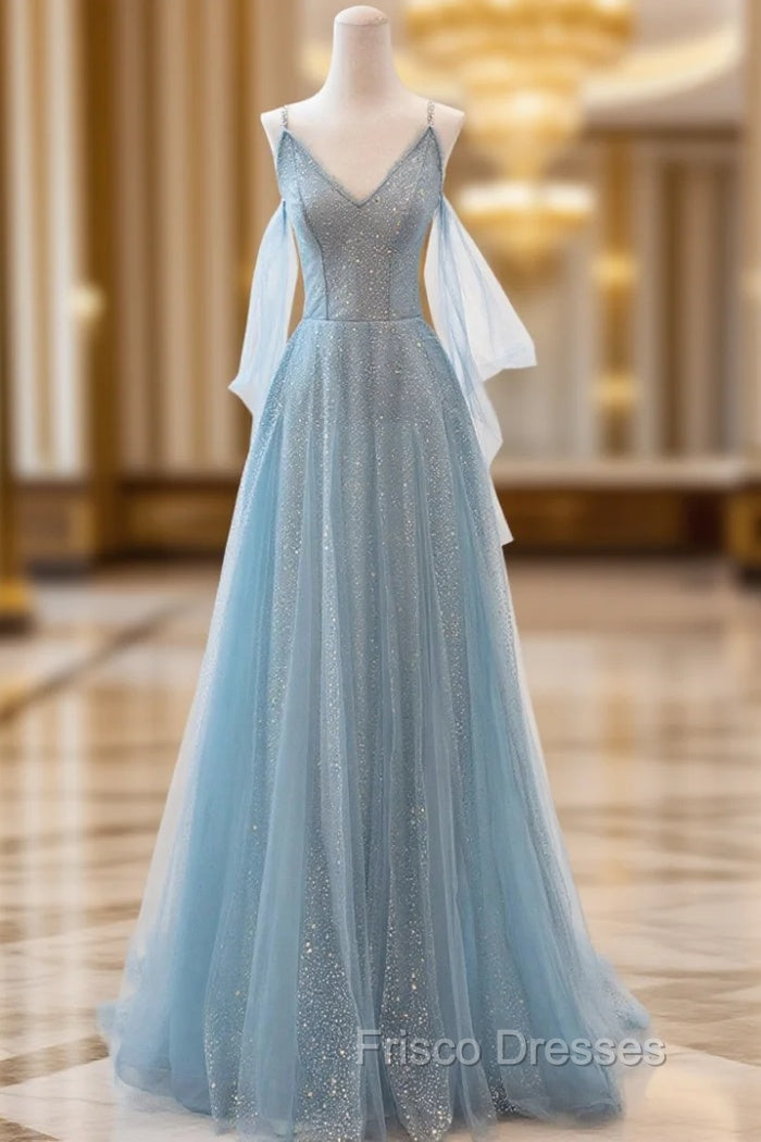 Blue V-Neck Tulle Long Formal Prom Dress, A-Line Spaghetti Strap Evening Dress Main image