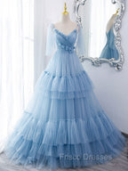 Blue v neck tulle long Formal Prom Dress, blue tulle formal Dress