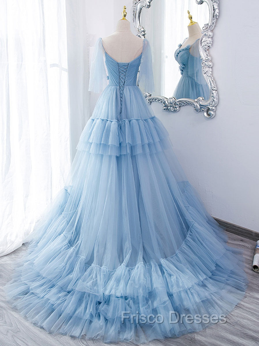 Blue v neck tulle long Formal Prom Dress, blue tulle formal Dress