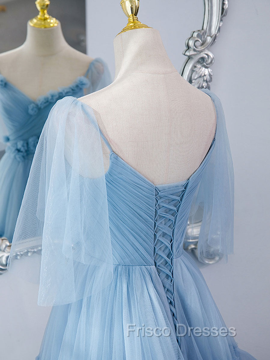 Blue v neck tulle long Formal Prom Dress, blue tulle formal Dress