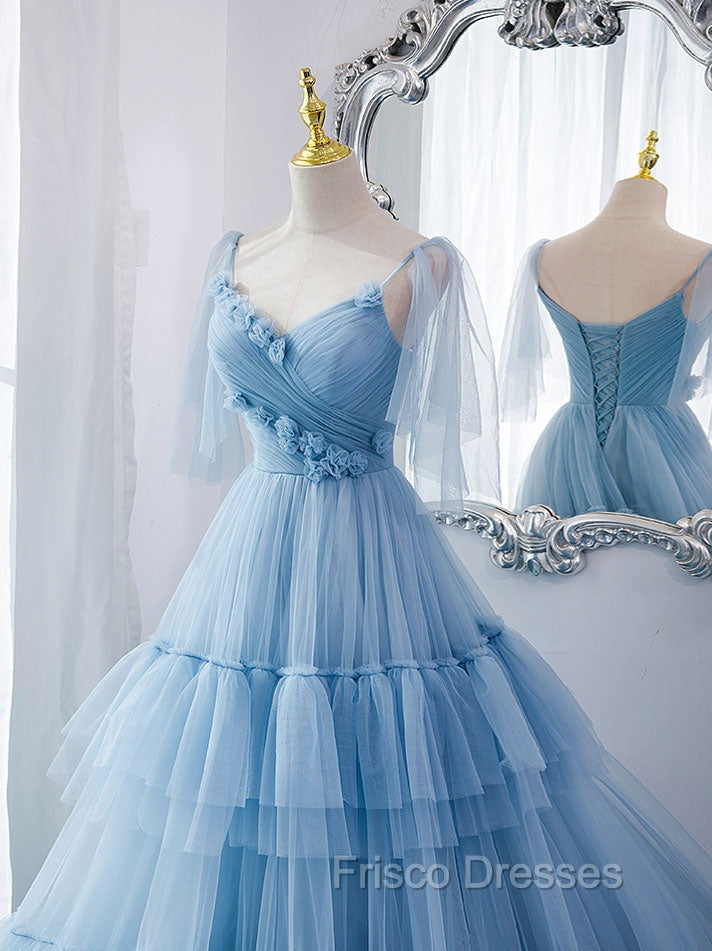 Blue v neck tulle long Formal Prom Dress, blue tulle formal Dress