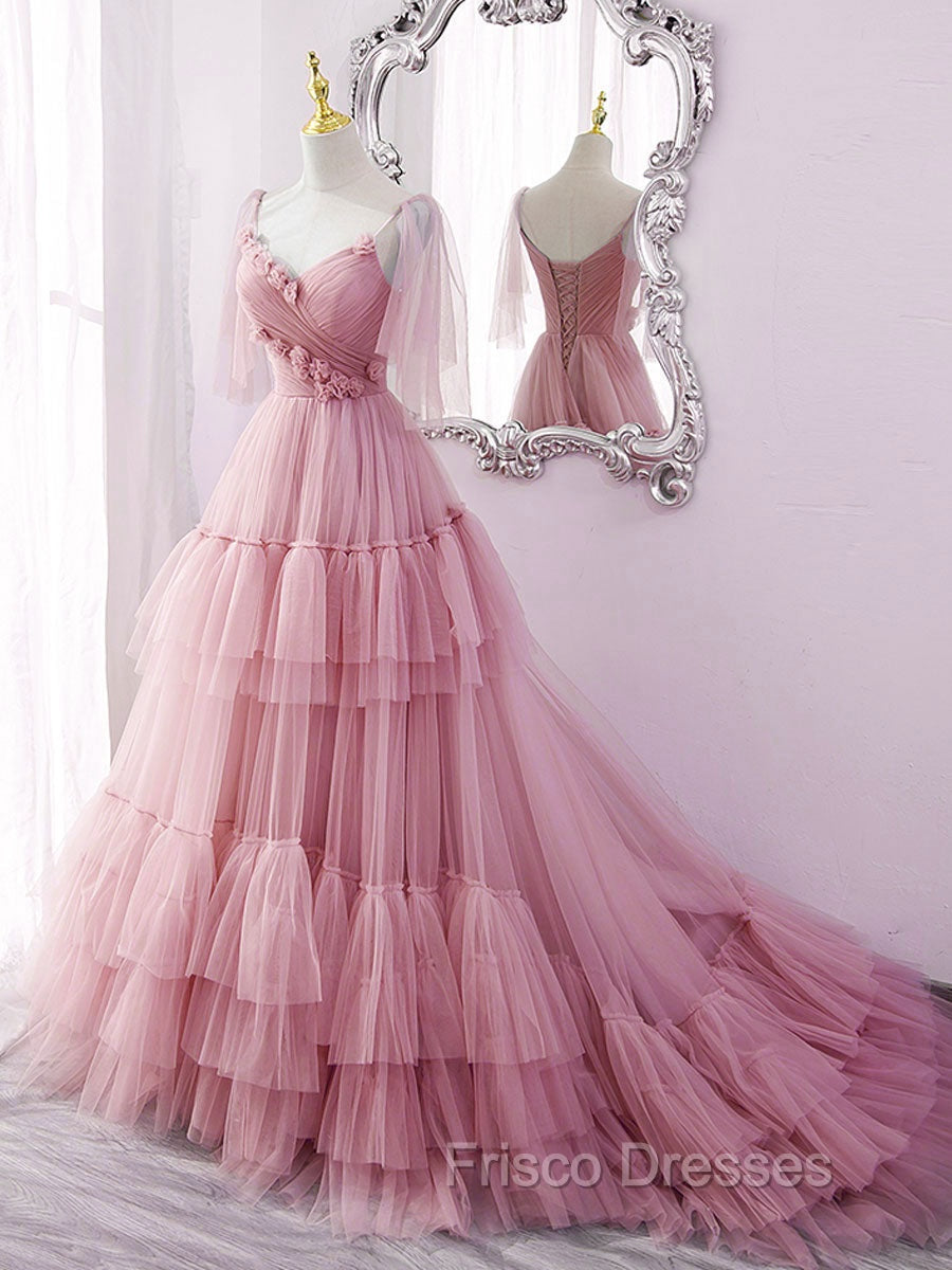Blue v neck tulle long Formal Prom Dress, blue tulle formal Dress