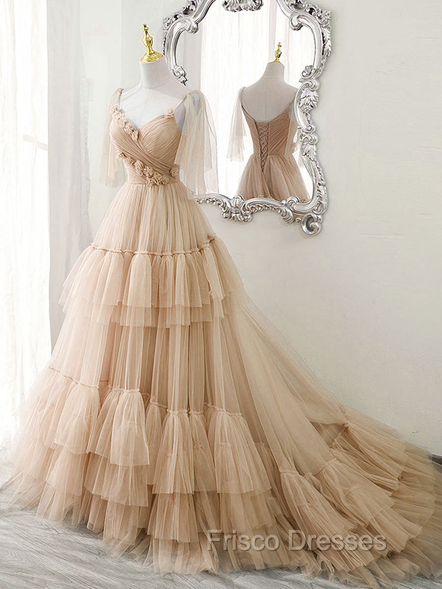 Blue v neck tulle long Formal Prom Dress, blue tulle formal Dress