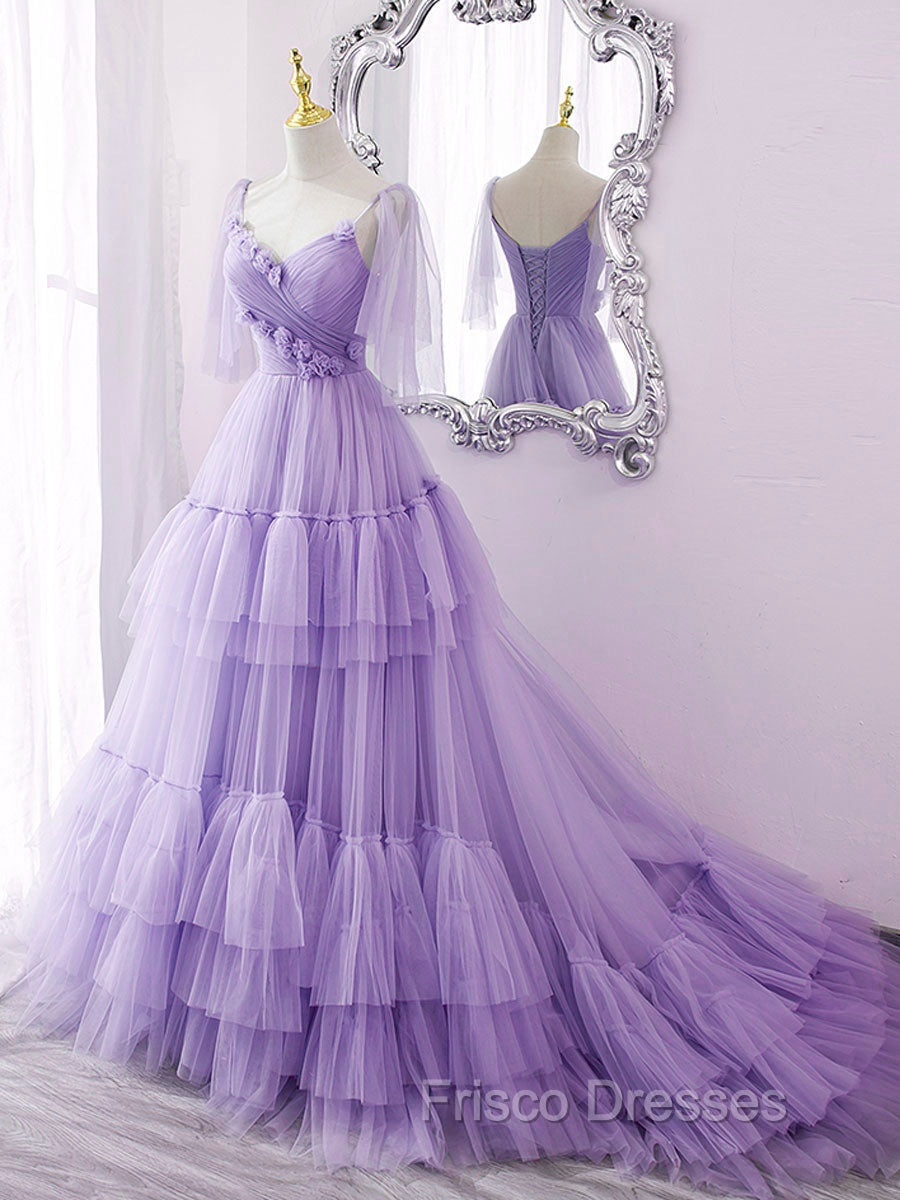 Blue v neck tulle long Formal Prom Dress, blue tulle formal Dress