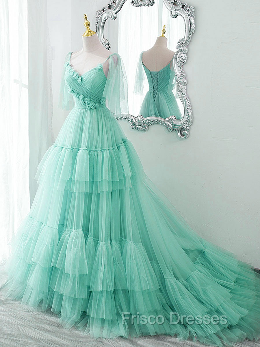 Blue v neck tulle long Formal Prom Dress, blue tulle formal Dress