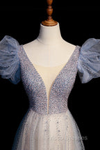 Blue V-Neck Tulle Long Formal Prom Dress with Beaded, Elegant A-Line Formal Evening Dress