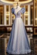 Blue V-Neck Tulle Long Formal Prom Dress with Beaded, Elegant A-Line Formal Evening Dress