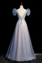 Blue V-Neck Tulle Long Formal Prom Dress with Beaded, Elegant A-Line Formal Evening Dress