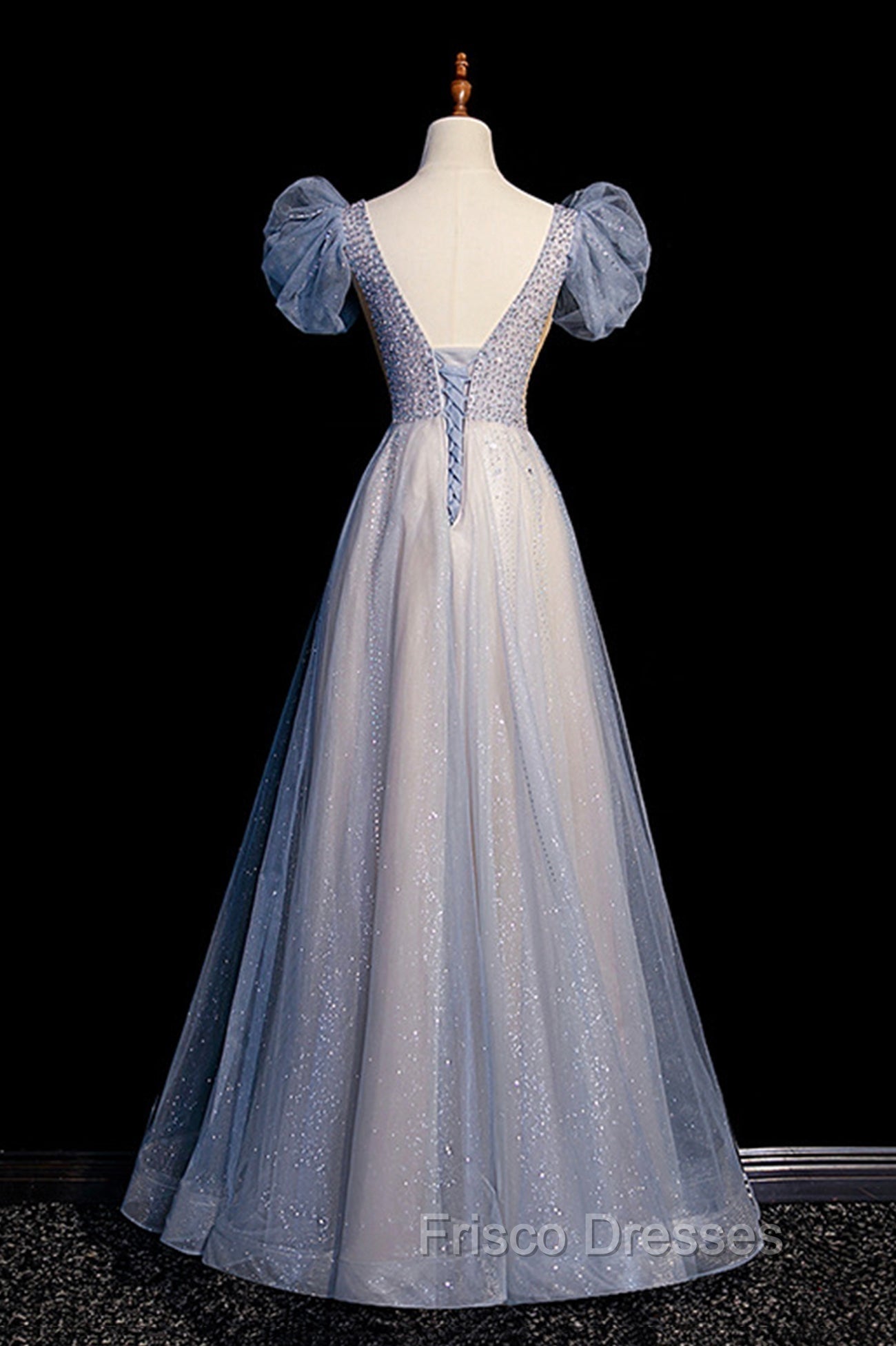 Blue V-Neck Tulle Long Formal Prom Dress with Beaded, Elegant A-Line Formal Evening Dress