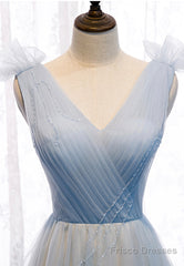 Blue V-Neck Tulle Long Prom Dresses, A-Line Evening Dresses