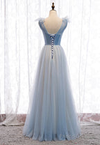 Blue V-Neck Tulle Long Prom Dresses, A-Line Evening Dresses