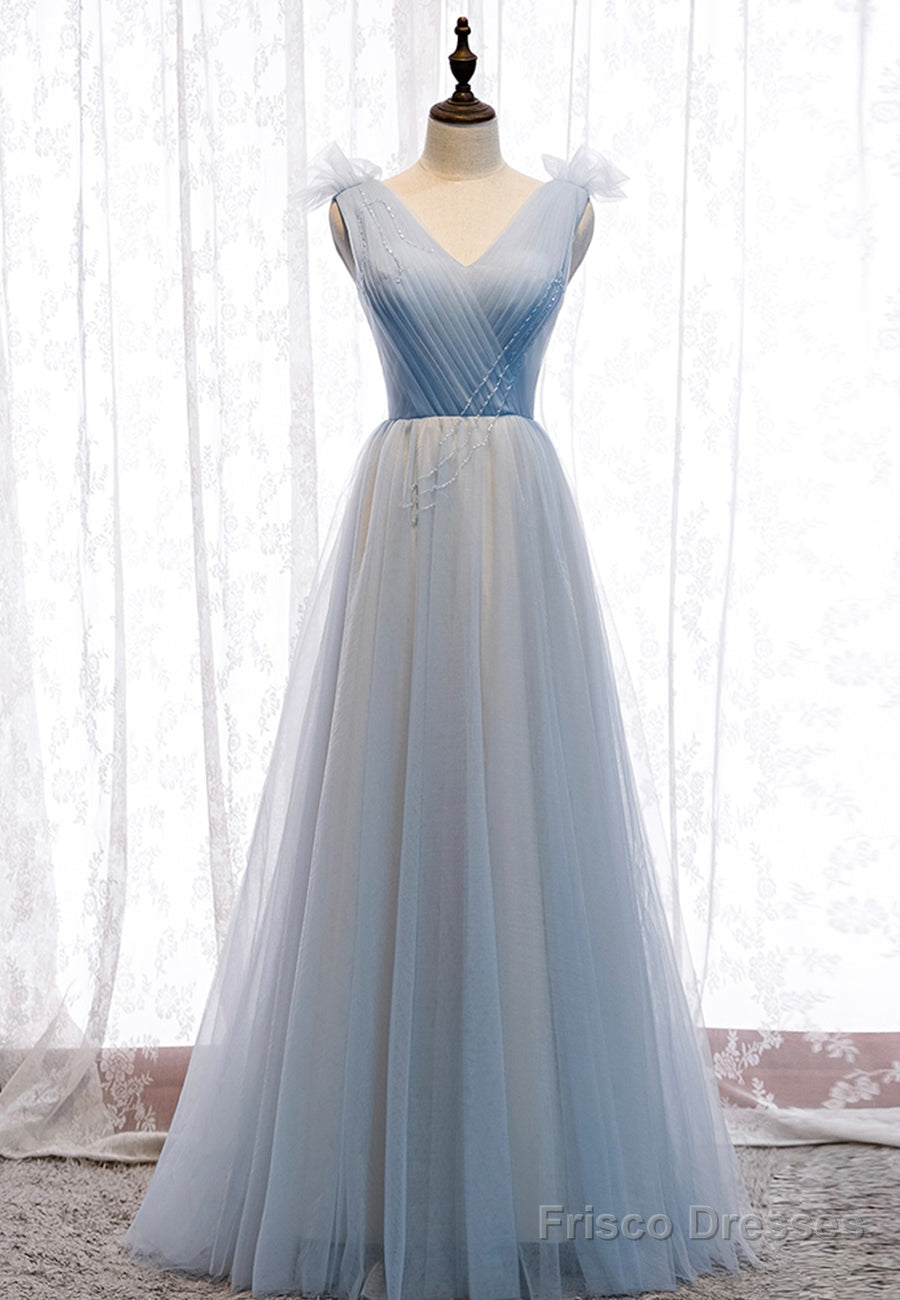 Blue V-Neck Tulle Long Prom Dresses, A-Line Evening Dresses Main image