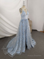 Blue V Neck Tulle Sequin Long Prom Dress, Blue Aline Formal Graduation Dress