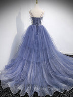 Blue V Neck Tulle Sequin Long Formal Prom Dress, Blue Tulle Formal Dress